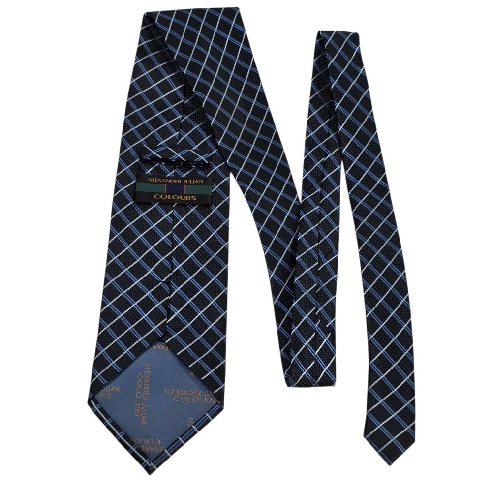 ALEXANDER JULIAN Colours Mens Silk Blend Tie Black Blue Plaid Pattern Business